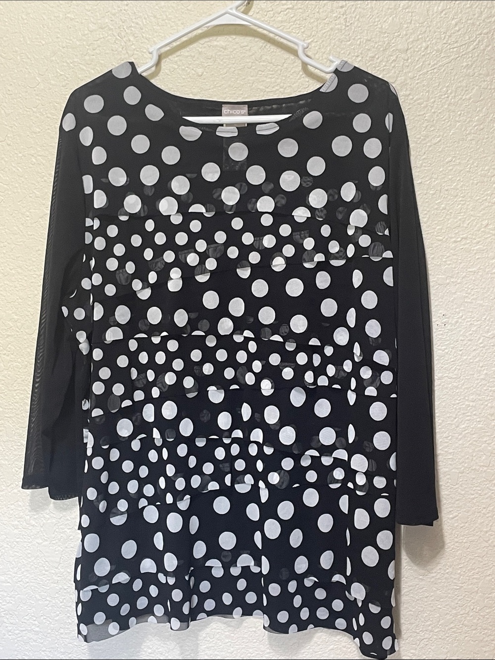 Chico's Black and White Polka Dot Women's Tiered Top. Good Condition. Size XXL.